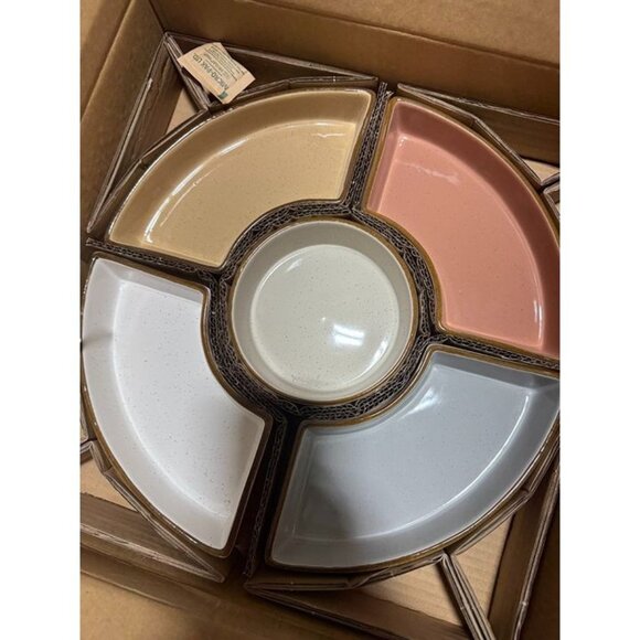 over&back Options Lazy Susan, 6-piece Stoneware and Acacia Wood Serverware - Picture 1 of 6